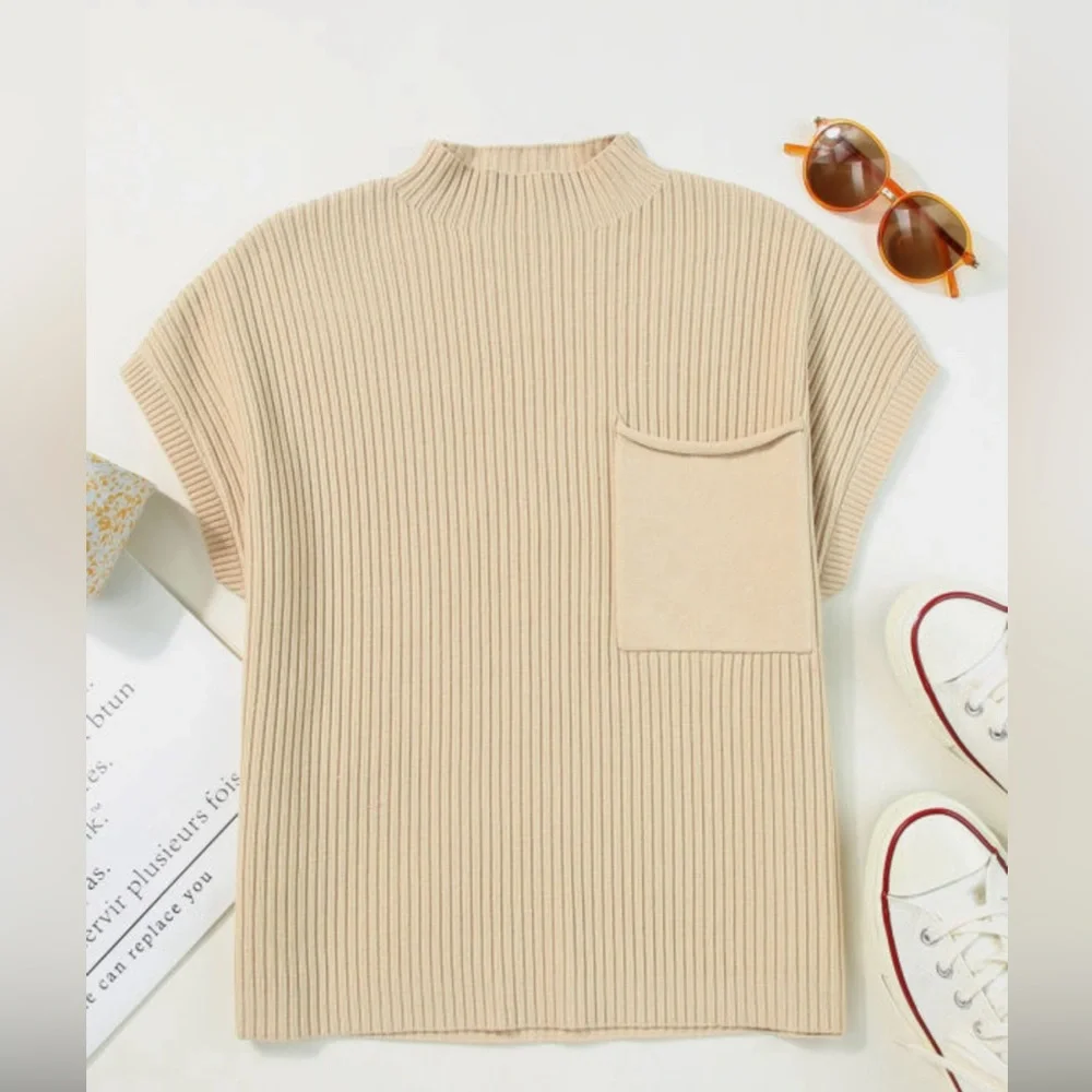 Oatmeal Tan Ribbed Short Sleeve Ribbed Lightweight Sweater Top, High Collar - Picture 6 of 10